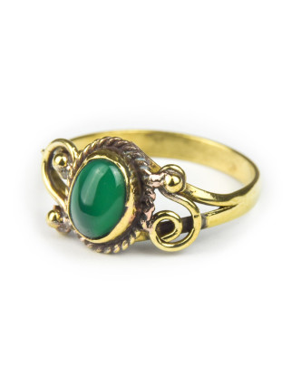 Prsten s polodrahokamem, zelený onyx 7mm, zdobený, oválný, postříbřený (10µm)
