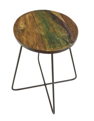 Stolička pod květinu z teakového dřeva, železné nohy, 31x31x48cm