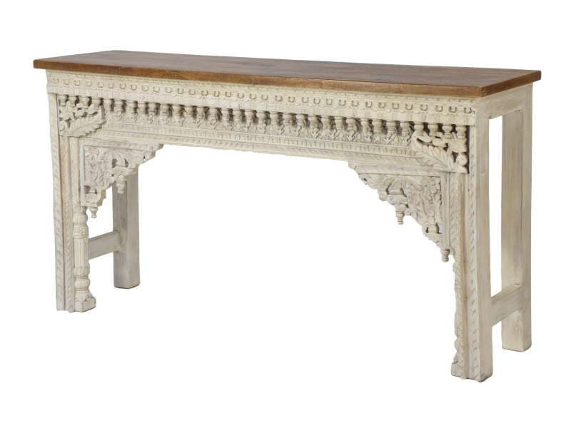 Konzolový stolek z mangového dřeva, bílá patina, 150x38x79cm
