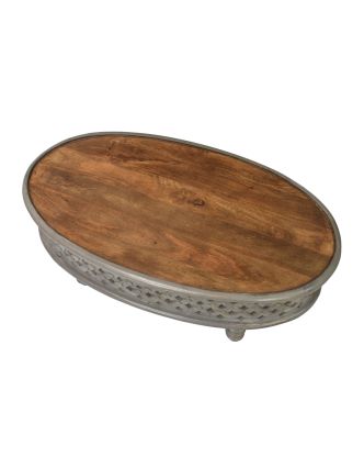 Oválný stolek z mangového dřeva, ručně vyřezávaný, 106x58x41cm