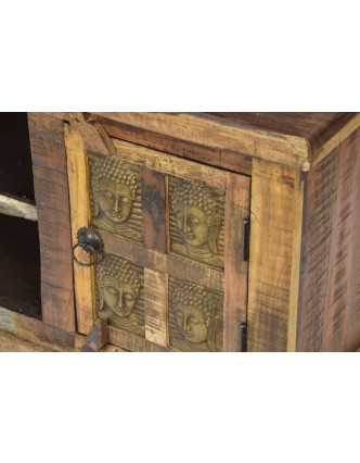 Komoda pod TV z teakového dřeva zdobená mosaznými Buddhy, 140x45x50cm