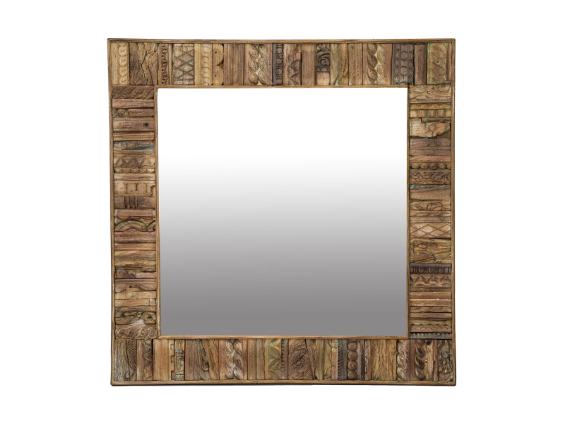 Zrcadlo v rámu z teakového dřeva, ruční řezby, 95x5x95cm