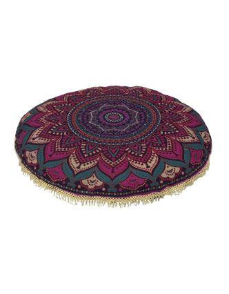 Meditační polštář, kulatý, 80x13cm, fialový, barevná mandala, béžové třásně