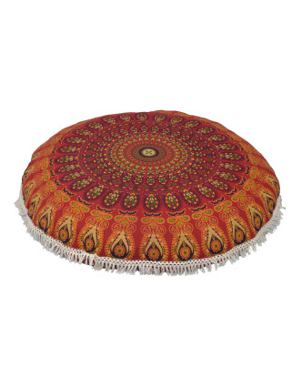 Meditační polštář, kulatý, 80x13cm, červený, paví mandala, bílé třásně