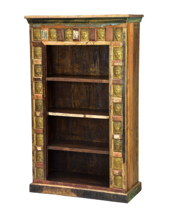 Knihovna z teakového dřeva zdobená reliéfy Buddhů, 90x40x151cm