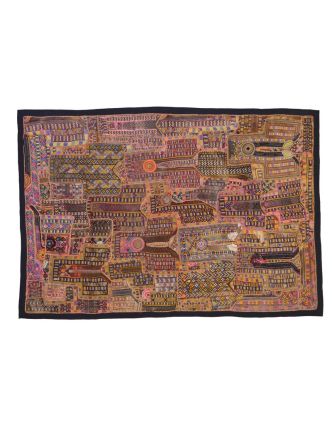 Písková patchworková tapiserie z Rajastanu, ruční práce, vyšívaná, 100x160cm