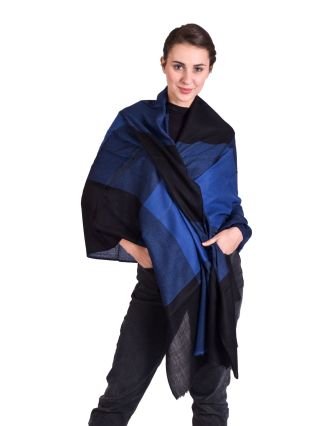 Luxusní šál z kašmírové vlny, modro-černý, 78x200cm