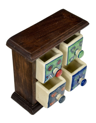 Skříňka, 4 keramické šuplíčky, dřevěná, 17x17x7cm