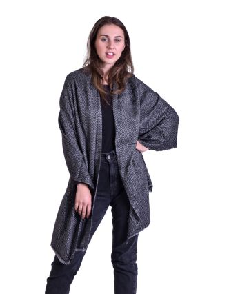 Velká šála, jemná vlna s bavlnou, šedo-černá, jemný zig-zag vzor, 74x206cm
