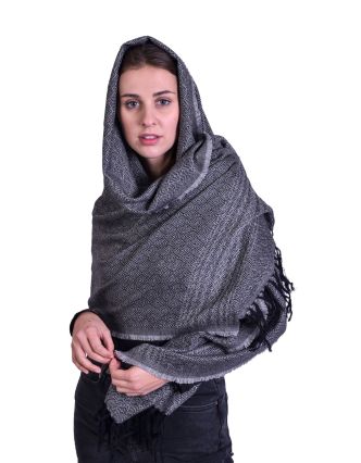 Velká šála, jemná vlna s bavlnou, šedo-černá, jemný geometrický vzor, 73x178cm