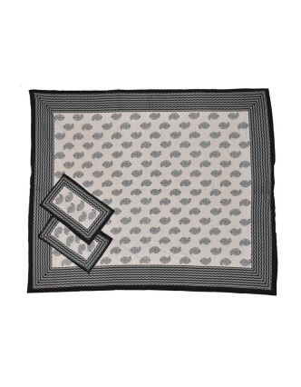 Krémový přehoz na postel, černý block print, 2 polštáře, 260x220cm