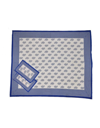 Krémový přehoz na postel, modrý block print, 2 polštáře, 260x220cm