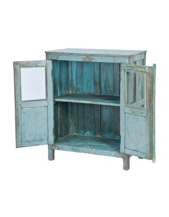 Prosklená skříňka z antik teakového dřeva, tyrkysová patina, 75x41x93cm