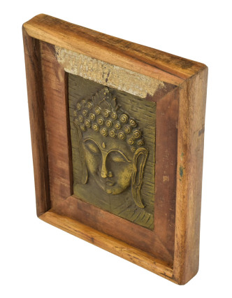 Obraz recyklovaného teakového dřeva, relief Buddhy z tepaného kovu, 25x3x29cm