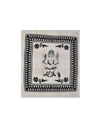 Bílý přehoz na postel, černý potisk, Ganesh, 210x240cm