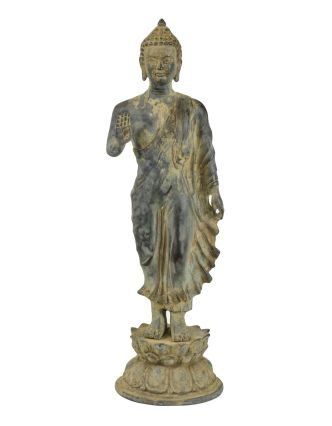 Buddha Maitreya, antik šedá patina, mosaz, 16x16x55cm