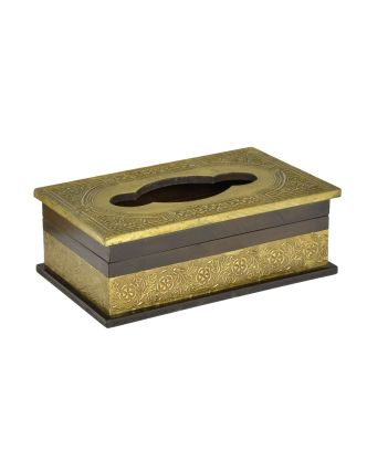 Krabička na kapesníky, drěvěná, zdobená mosazným plechem, 25x15x9cm