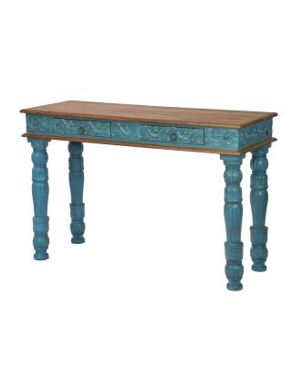 Konzolový stolek z teakového dřeva, ruční řezby, tyrkysová patina, 120x45x78cm