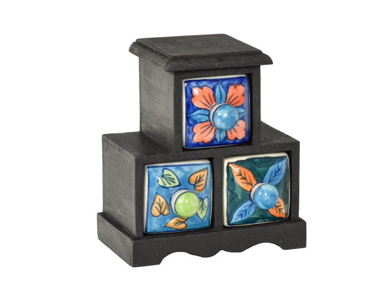 Dřevěná skříňka se 3 keramickými šuplíky, ručně malované, 16,5x12x18,5cm