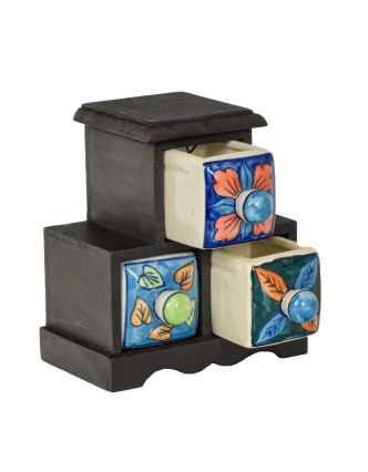 Dřevěná skříňka se 3 keramickými šuplíky, ručně malované, 16,5x12x18,5cm