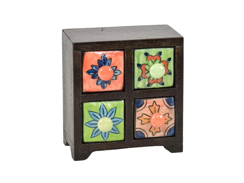 Dřevěná skříňka se 4 keramickými šuplíky, ručně malované, 15x11x17cm