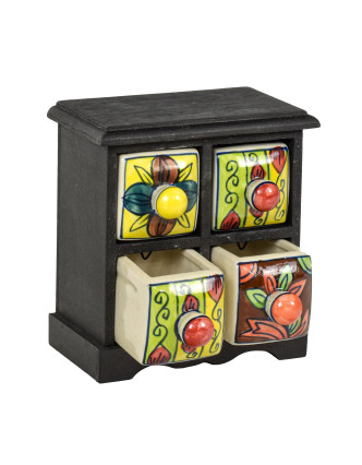 Dřevěná skříňka se 4 keramickými šuplíky, ručně malované, 17,5x12x18,5cm