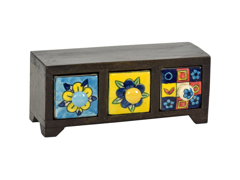 Dřevěná skříňka se 3 keramickými šuplíky, ručně malované, 22,5x10,5x9,5cm