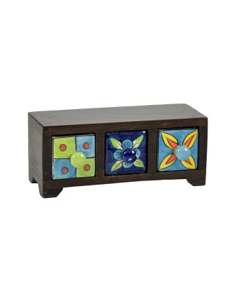 Dřevěná skříňka se 3 keramickými šuplíky, ručně malované, 22,5x10,5x9,5cm