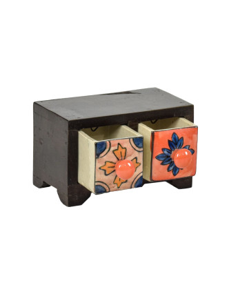 Dřevěná skříňka se 2 keramickými šuplíky, ručně malované, 15,5x10,5x9,5cm