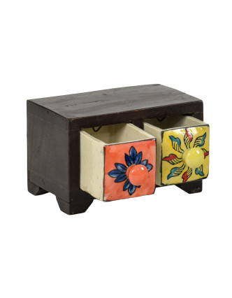 Dřevěná skříňka se 2 keramickými šuplíky, ručně malované, 15,5x10,5x9,5cm