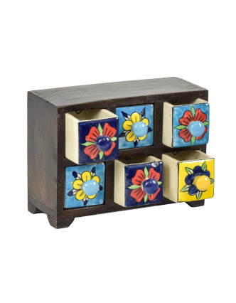 Dřevěná skříňka se 6 keramickými šuplíky, ručně malované, 22x11x16cm
