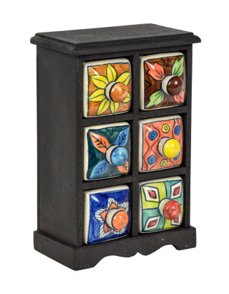 Dřevěná skříňka se 6 keramickými šuplíky, ručně malované, 18x12x27cm