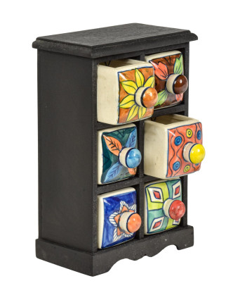 Dřevěná skříňka se 6 keramickými šuplíky, ručně malované, 18x12x27cm