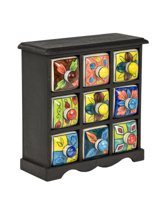 Dřevěná skříňka s 9 keramickými šuplíky, ručně malované, 26x12x26cm
