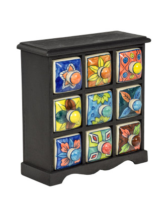 Dřevěná skříňka s 9 keramickými šuplíky, ručně malované, 26x12x26cm