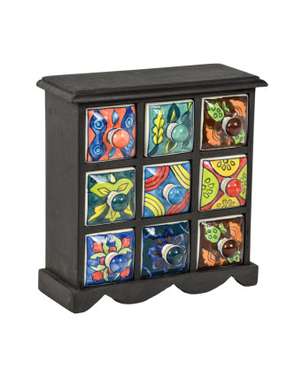 Dřevěná skříňka s 9 keramickými šuplíky, ručně malované, 24x11x25cm