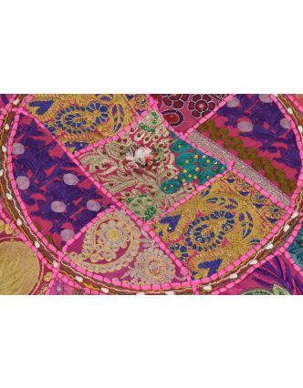 Taburet, Rajasthan, patchwork, Ari bohatá výšivka, růžový podklad, 55x55x31cm