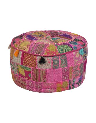 Taburet, Rajasthan, patchwork, Ari bohatá výšivka, růžový podklad, 55x55x31cm