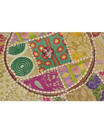 Taburet, Rajasthan, patchwork, Ari bohatá výšivka, béžový podklad, 45x45x38cm