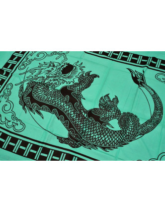 Tmavě zelený přehoz na postel s čínským drakem, černý potisk, třásně, 135x210cm
