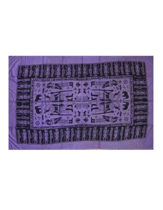 Tmavě fialový přehoz na postel s Egyptem, černý potisk, třásně, 135x210
