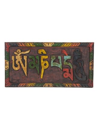 Dřevěná Tabulka s nápisem Om Mani Padme Hum, barevně malovaný, 28x1,5x14cm