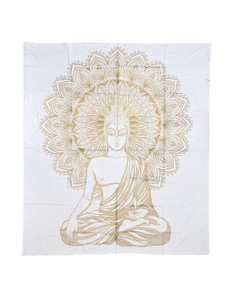 Přehoz s tiskem, Buddha, bílo-zlatý, 228x210 cm