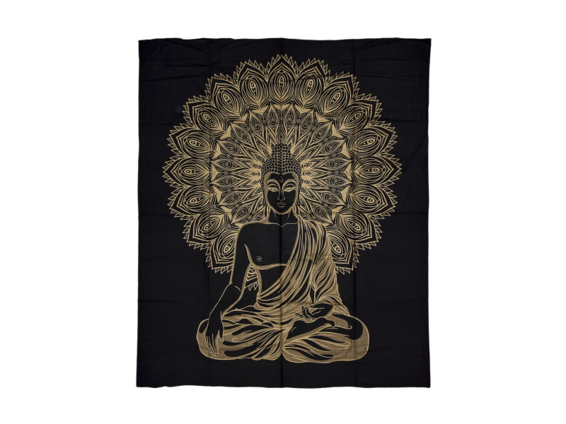 Přehoz s tiskem, Buddha, černo-zlatý, 210x230cm
