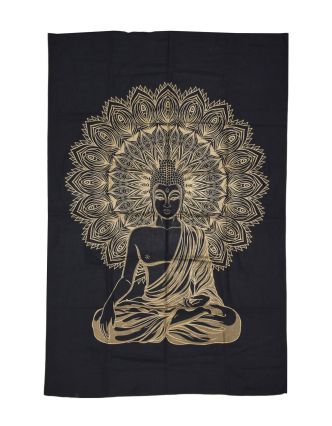 Přehoz s tiskem, černý, zlatý tisk, Buddha, 138x201cm