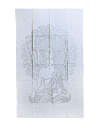 Přehoz s tiskem, bílý, stříbrný tisk, Buddha, 204x136cm