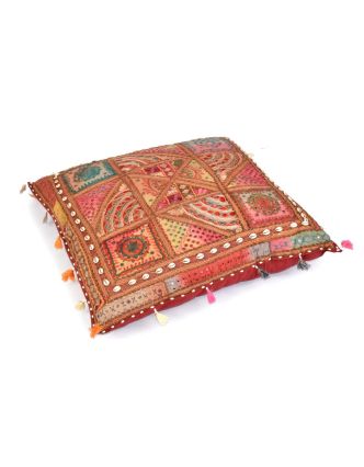 Meditační polštář, "Rajasthan Antik", zrcátka, mušličky, třásně, 85x85x20cm