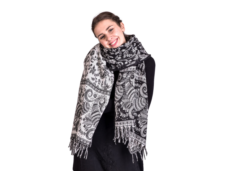 Velký zimní šál se vzorem paisley, černo-bílý, 205x90cm