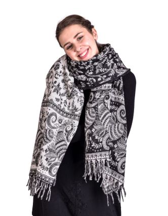 Velký zimní šál se vzorem paisley, černo-bílý, 205x90cm