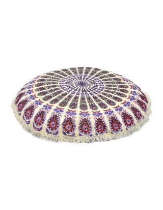 Meditační polštář, kulatý, 80x13cm, béžový, barevná paví mandala, třásně